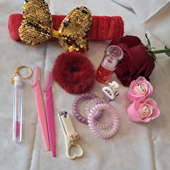 Pink and Red Hair Accessories Set with Gold Bow and Scrunchies - Picture 1 of 4